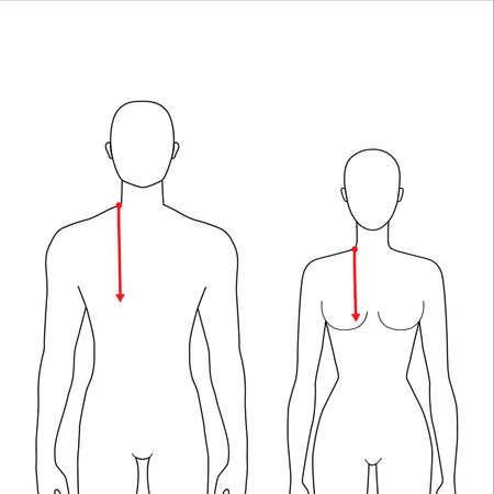 Women and men to do armscye depth measurement fashion Illustration for size chart. 7.5 head size girl and boy for site or online shop. Human body infographic template for clothes.のイラスト素材