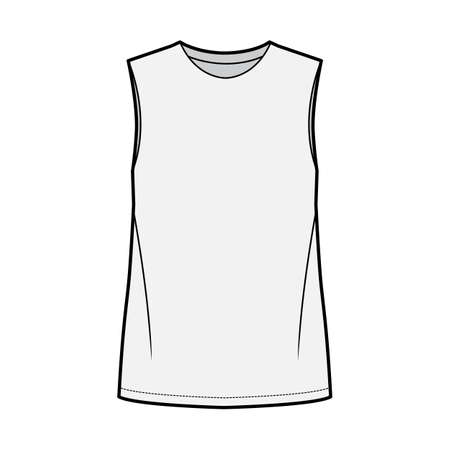 Basic blouse technical fashion illustration with oversized body, round neck, sleeveless, tunic length. Flat shirt apparel template front, grey color. Women, men unisex top CAD mockupのイラスト素材