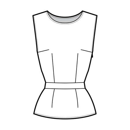 Belted top technical fashion illustration with round neck, sleeveless, fitted body, side concealed zip fastening. Flat apparel blouse template front, white color. Women, men, unisex CAD mockupのイラスト素材