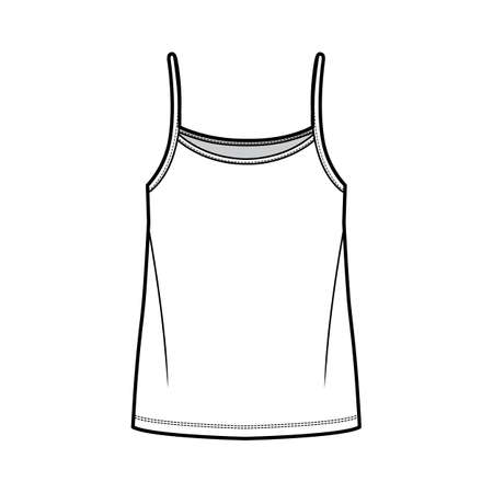 Camisole top technical fashion illustration with oversized body, bonded strap scoop neck. Flat cami shirt apparel template front, white color. Women, men unisex CAD mockupのイラスト素材