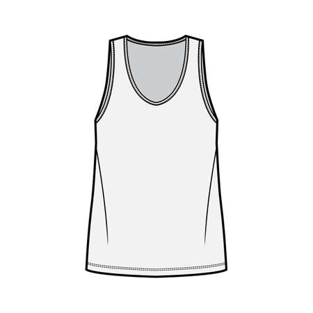 Tank top technical fashion illustration with oversized body, bonded deep V-neckline, sleeveless. Flat shirt apparel template front, grey color. Women, men unisex CAD mockupのイラスト素材