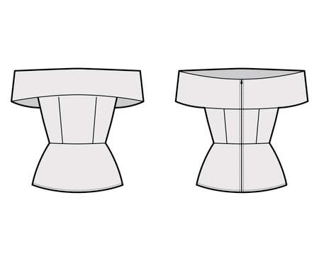 Off-the-shoulder peplum hem top technical fashion illustration with fitted body, zip fastening at back. Flat apparel blouse template front back, grey color. Women, men, unisex shirt CAD mockupのイラスト素材