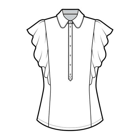Shirt technical fashion illustration with fitted body, round collar, front button henley, ruffled sleeves. Flat blouse apparel template front white color. Women, men unisex top CAD mockup for designerのイラスト素材