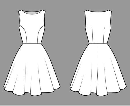Dress technical fashion illustration with fitted body, boat neck, sleeveless, semi-circular fullness, knee length. Flat apparel template front, back, white color. Women, men unisex CAD mockupのイラスト素材