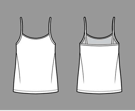 Camisole top technical fashion illustration with oversized body, bonded strap scoop neck. Flat cami shirt apparel template front, back, white color. Women, men unisex CAD mockupのイラスト素材