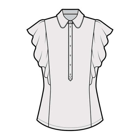 Shirt technical fashion illustration with fitted body, round collar, front button henley, ruffled sleeves. Flat blouse apparel template front, grey color. Women, men unisex top CAD mockup for designerのイラスト素材
