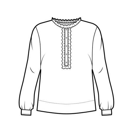 Shirt technical fashion illustration with oversized body, concealed button fastenings along front, ruffles, cropped sleeves. Flat apparel template front, back, white color. Women, men unisex mockupのイラスト素材