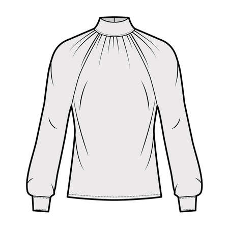 High-cut neck blouse technical fashion illustration with long sleeves with cuff, loose fit, button-fastening keyhole at back. Flat shirt apparel template front, grey color. Women men unisex CAD mockupのイラスト素材