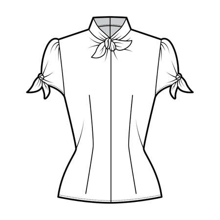 Knotted cutout blouse technical fashion illustration with high neckline, puffed volume sleeves, back zip fastening. Flat apparel template front, white color. Women men unisex garment CAD mockupのイラスト素材