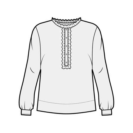 Shirt technical fashion illustration with oversized body, concealed button fastenings along front, ruffles, cropped sleeves. Flat apparel template front, back, white color. Women, men unisex mockupのイラスト素材