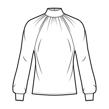 High-cut neck blouse technical fashion illustration with long sleeves with cuff, loose fit, button-fastening keyhole at back. Flat shirt apparel template front white color. Women men unisex CAD mockupのイラスト素材