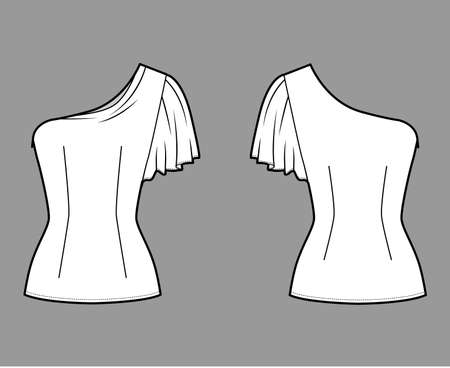 One-shoulder top technical fashion illustration with fitted body, elbow circle sleeve, side zip fastening. Flat apparel blouse template front, back white color. Women, men and unisex mockup CADのイラスト素材
