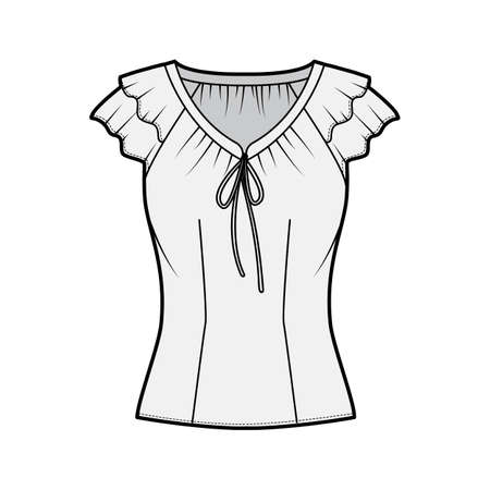 Blouse technical fashion illustration with ties at the V neckline, fluttery ruffles short sleeves, fitted body. Flat apparel template front grey color. Women, men, unisex CAD garment mockupのイラスト素材