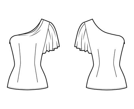 One-shoulder top technical fashion illustration with fitted body, elbow circle sleeve, side zip fastening. Flat apparel blouse template front, back white color. Women, men and unisex mockup CADのイラスト素材