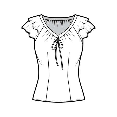 Blouse technical fashion illustration with ties at the V neckline, fluttery ruffles short sleeves, fitted body. Flat apparel template front white color. Women, men, unisex CAD garment mockupのイラスト素材