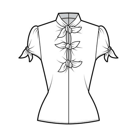 Knotted cutout blouse technical fashion illustration with high neckline, puffed volume sleeves, back zip fastening. Flat apparel template front, white color. Women men unisex garment CAD mockupのイラスト素材