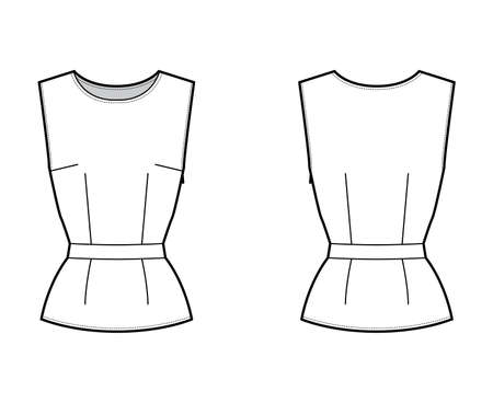Belted top technical fashion illustration with round neck, sleeveless, fitted body, side concealed zip fastening. Flat apparel blouse template front back, white color. Women, men, unisex CAD mockupのイラスト素材