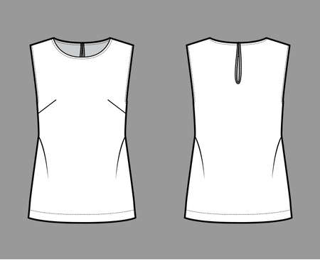 Sleeveless top technical fashion illustration with oversized body, round neck, button-fastening keyhole at back. Flat blouse apparel template front back, white color. Women, men unisex CAD mockupのイラスト素材