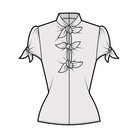 Knotted cutout blouse technical fashion illustration with high neckline, puffed volume sleeves, back zip fastening. Flat apparel template front, grey color. Women men unisex garment CAD mockupのイラスト素材
