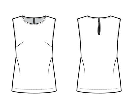 Sleeveless top technical fashion illustration with oversized body, round neck, button-fastening keyhole at back. Flat blouse apparel template front back, white color. Women, men unisex CAD mockupのイラスト素材