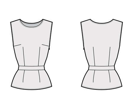 Belted top technical fashion illustration with round neck, sleeveless, fitted body, side concealed zip fastening. Flat apparel blouse template front back, grey color. Women, men, unisex CAD mockupのイラスト素材