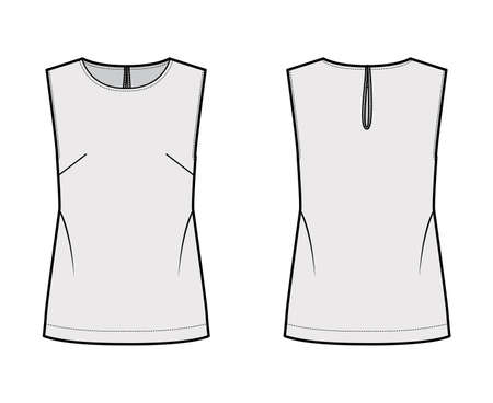 Sleeveless top technical fashion illustration with oversized body, round neck, button-fastening keyhole at back. Flat blouse apparel template front back, grey color. Women, men unisex CAD mockupのイラスト素材
