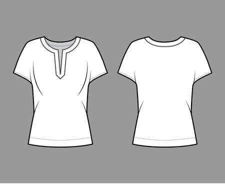 Blouse technical fashion illustration with split neckline, relaxed silhouette, wide short cap sleeves. Flat apparel shirt template front, back, white color. Women men unisex top CAD mockupのイラスト素材