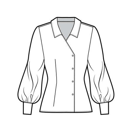 Blouse technical fashion illustration with regular collar, long bishop sleeves, fitted body, double breasted. Flat apparel template front white color. Women, men unisex CAD garment designer mockupのイラスト素材