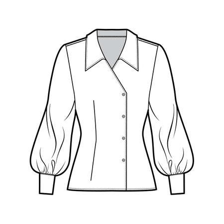 Blouse technical fashion illustration with oversized collar, long bishop sleeves, fitted body, double breasted. Flat apparel template front white color. Women, men unisex CAD garment designer mockupのイラスト素材