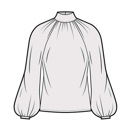 High-cut neck blouse technical fashion illustration with long bishop sleeves, loose fit, button-fastening keyhole at back. Flat apparel top template front, grey color. Women men, unisex shirt CADのイラスト素材