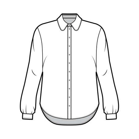 Classic shirt technical fashion illustration with button down front opening, round collar, long sleeves with cuff, oversized body. Flat apparel template front grey color. Women, men unisex CAD mockupのイラスト素材