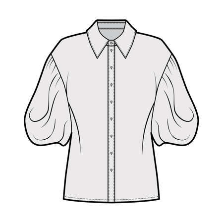 Shirt technical fashion illustration with elbow puff sleeves, oversized body, front button fastenings. Flat apparel blouse template front grey color. Women men unisex top garment CAD mockupのイラスト素材