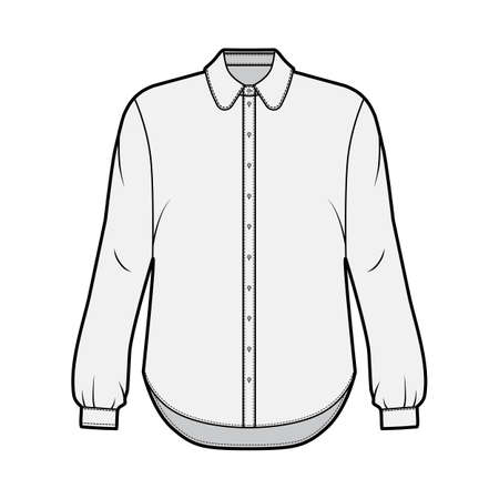 Classic shirt technical fashion illustration with button down front opening, round collar, long sleeves with cuff, oversized body. Flat apparel template front grey color. Women, men unisex CAD mockupのイラスト素材
