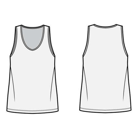 Tank top technical fashion illustration with oversized body, bonded deep V-neckline, sleeveless. Flat shirt apparel template front, back, grey color. Women, men unisex CAD mockupのイラスト素材