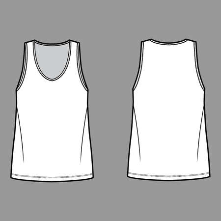 Tank top technical fashion illustration with oversized body, bonded deep V-neckline, sleeveless. Flat shirt apparel template front, back, white color. Women, men unisex CAD mockupのイラスト素材