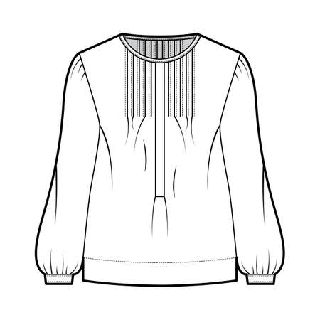 Pintucked top technical fashion illustration with oversized body, banded henley collar, long sleeves. Flat blouse apparel template front, white color. Women, men, unisex shirt CAD mockupのイラスト素材