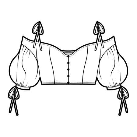 Lady cropped cold-shoulder top technical fashion illustration with voluminous sleeves, tie-fastening straps. Flat apparel blouse template front, white color. Women, men, unisex shirt CAD mockupのイラスト素材