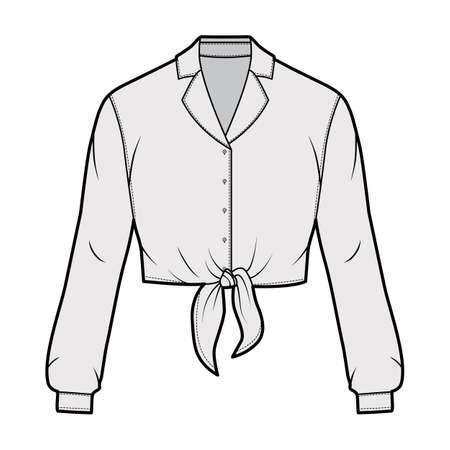 Cropped tie-front shirt technical fashion illustration with notched lapel collar and long sleeves. Flat apparel blouse template front, grey color. Women, men and unisex top CAD mockupのイラスト素材