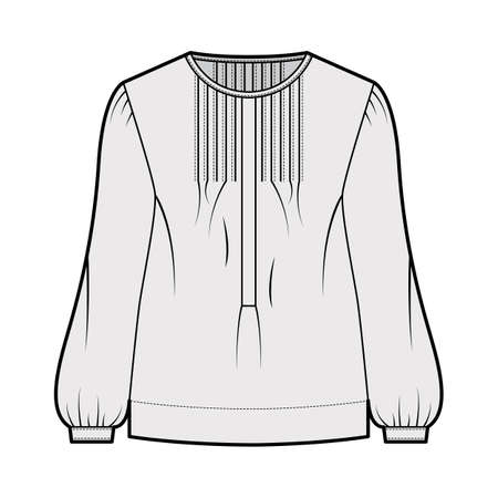 Pintucked top technical fashion illustration with oversized body, banded henley collar, long sleeves. Flat blouse apparel template front, grey color. Women, men, unisex shirt CAD mockupのイラスト素材