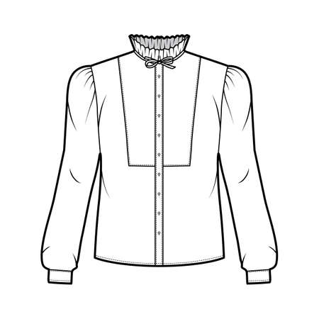 Bow-detailed blouse technical fashion illustration with ruffled collar, long sleeves with cuff, paneled front. Flat apparel shirt template front, white color. Women, men and unisex top CAD mockupのイラスト素材
