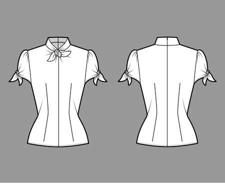 Knotted cutout blouse technical fashion illustration with high neckline, puffed volume sleeves, back zip fastening. Flat apparel template front, back white color. Women men unisex garment CAD mockupのイラスト素材