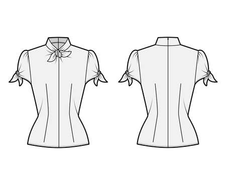 Knotted cutout blouse technical fashion illustration with high neckline, puffed volume sleeves, back zip fastening. Flat apparel template front, back grey color. Women men unisex garment CAD mockupのイラスト素材