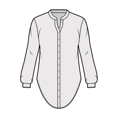 Shirt technical fashion illustration with curved mandarin stand collar and long sleeves with cuff. Flat apparel blouse template front, grey color. Women, men and unisex top CAD mockupのイラスト素材