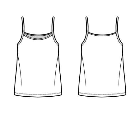 Camisole top technical fashion illustration with oversized body, bonded strap scoop neck. Flat cami shirt apparel template front, back, white color. Women, men unisex CAD mockupのイラスト素材
