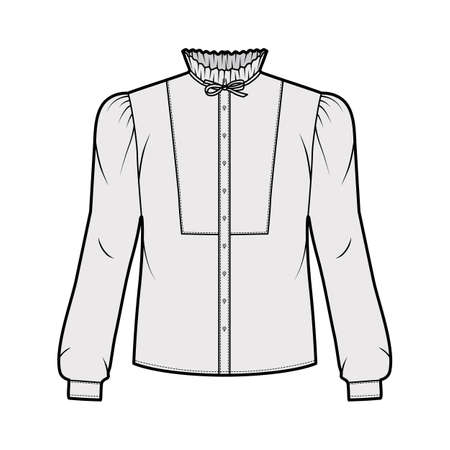 Bow-detailed blouse technical fashion illustration with ruffled collar, long sleeves with cuff, paneled front. Flat apparel shirt template front and grey color. Women men and unisex top CAD mockupのイラスト素材