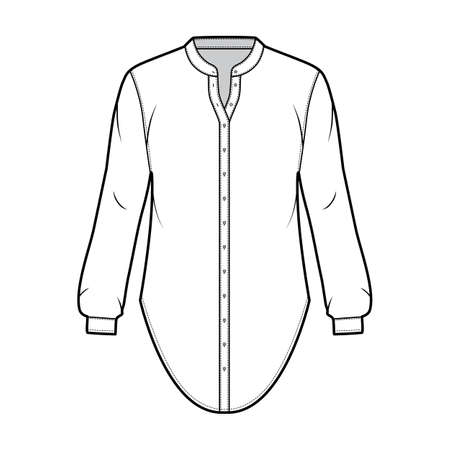 Shirt technical fashion illustration with curved mandarin stand collar and long sleeves with cuff. Flat apparel blouse template front, white color. Women, men and unisex top CAD mockupのイラスト素材