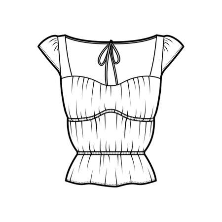 Shirt technical fashion illustration with oversized body, concealed button fastenings along front, ruffles, cropped sleeves. Flat apparel template front, back, white color. Women, men unisex mockupのイラスト素材