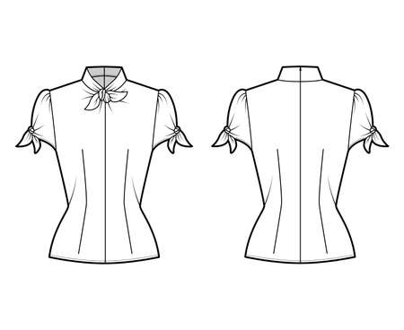 Knotted cutout blouse technical fashion illustration with high neckline, puffed volume sleeves, back zip fastening. Flat apparel template front, back white color. Women men unisex garment CAD mockupのイラスト素材