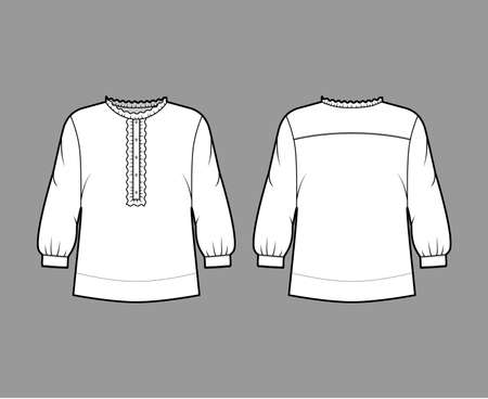 Shirt technical fashion illustration with oversized body, concealed button fastenings along front, ruffles, cropped sleeves. Flat apparel template front, back, white color. Women, men unisex mockupのイラスト素材