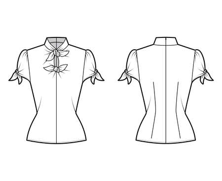 Knotted cutout blouse technical fashion illustration with high neckline, puffed volume sleeves, back zip fastening. Flat apparel template front, back white color. Women men unisex garment CAD mockupのイラスト素材